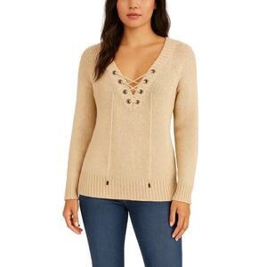 SHOWPO Women's Size 10 Tan Lace-Up V-Neck Long‎ Sleeve Knit Sweater Pullover Y2K